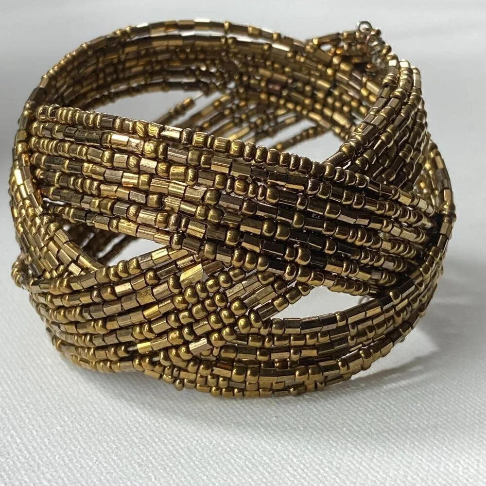 Chunky Gold Beaded Cuff Bracelet, Bohemian Vibe